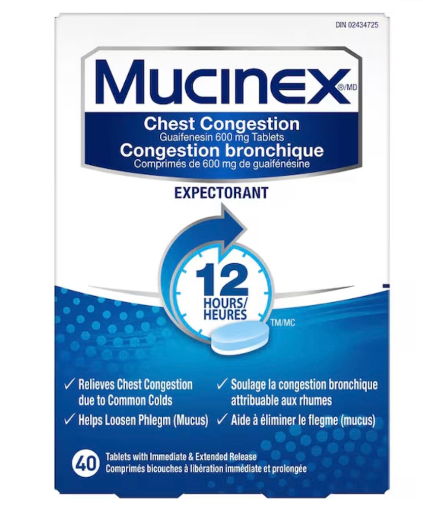 Mucinex
Chest Congestion Guaifenesin 600 mg Tablets Expectorant (Cough Medicine)