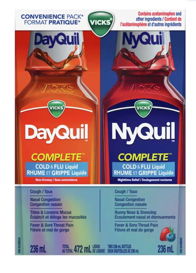 Vicks
DayQuil and NyQuil COMPLETE Cold and Flu Symptom and Congestion Relief, Liquid Medicine. Relieves Headache, Fever, Sore Throat Pain, Minor Aches, Nasal Congestion, Stuffy Nose, Cough, Convenience Pack, 2 x 236 mL Bottles, 1 NyQuil Berry Flavor, 1 Da