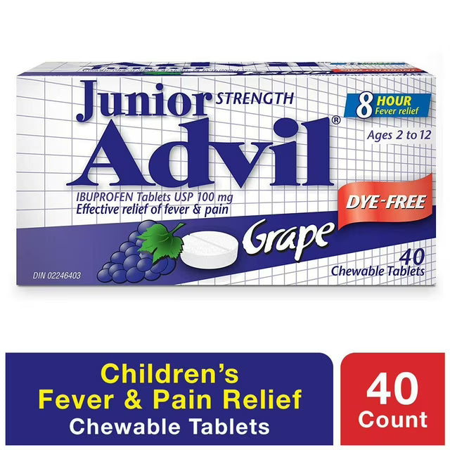 Junior Strength Advil Pain Reliever and Fever Reducer Ibuprofen Chewable Tablets, Grape, 40 Count