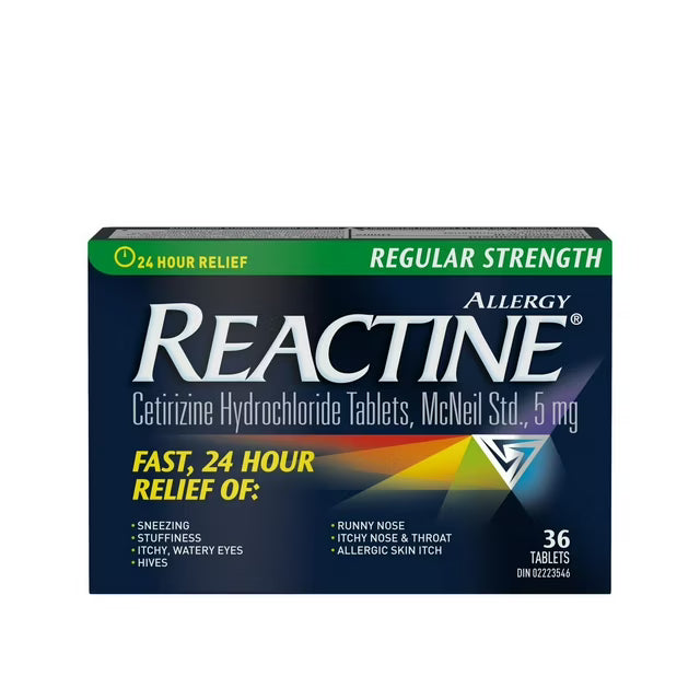 Reactine Regular Strength Antihistamine Tablets - 5mg Cetirizine Hydrochloride - 24 Hour Allergy Relief Medicine
