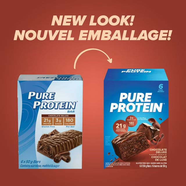 Pure Protein Chocolate Deluxe Bars - High Protein Snack with Whey Blend, Low Sugar, Gluten Free, Made in Canada 6x50g