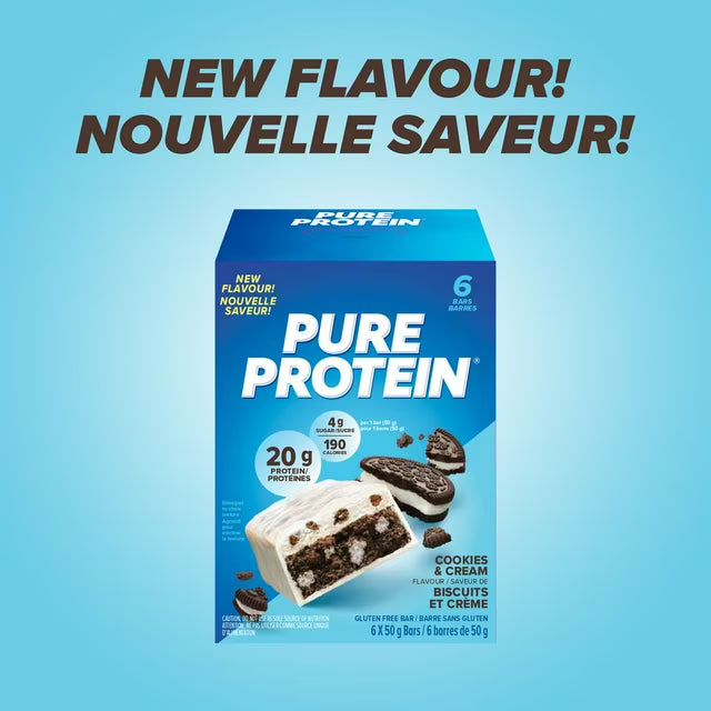 Pure Protein Cookies and Cream Bars-20 g Protein, Low Sugar, Gluten Free Snack with Whey Blend, Made in Canada, 6 x 50 g