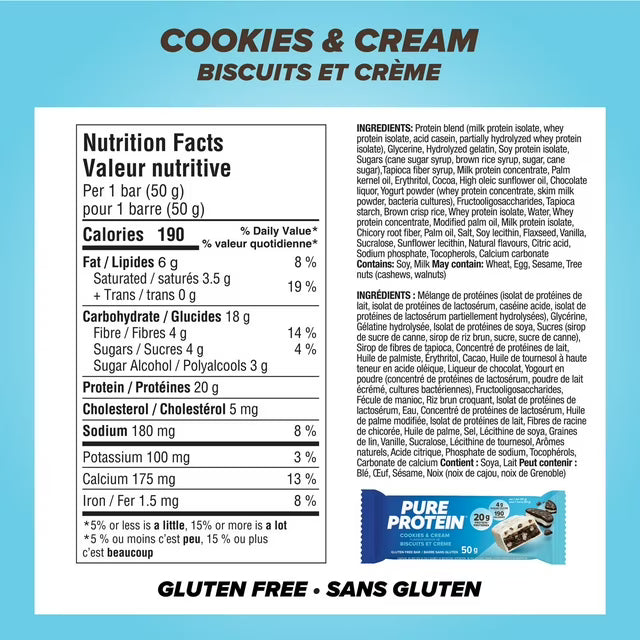 Pure Protein Cookies and Cream Bars-20 g Protein, Low Sugar, Gluten Free Snack with Whey Blend, Made in Canada, 6 x 50 g