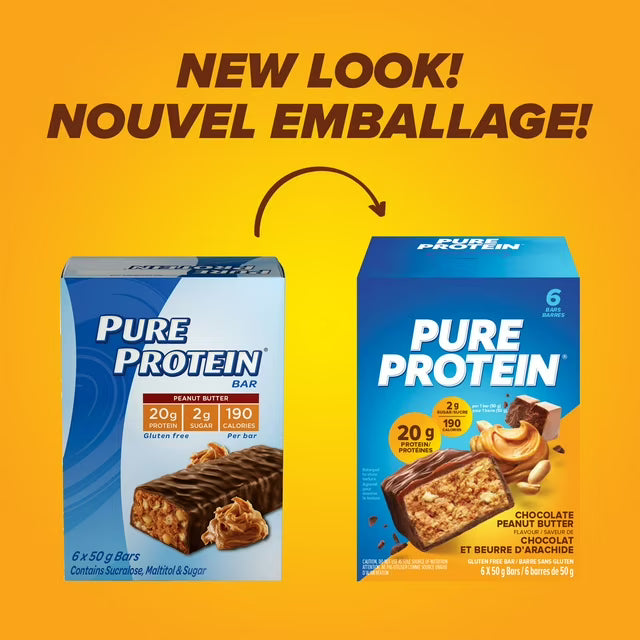Pure Protein Chocolate Peanut Butter Bars - 20 g Protein, Low Sugar, Gluten Free Snack with Whey Blend, Made in Canada, 6 x 50 g