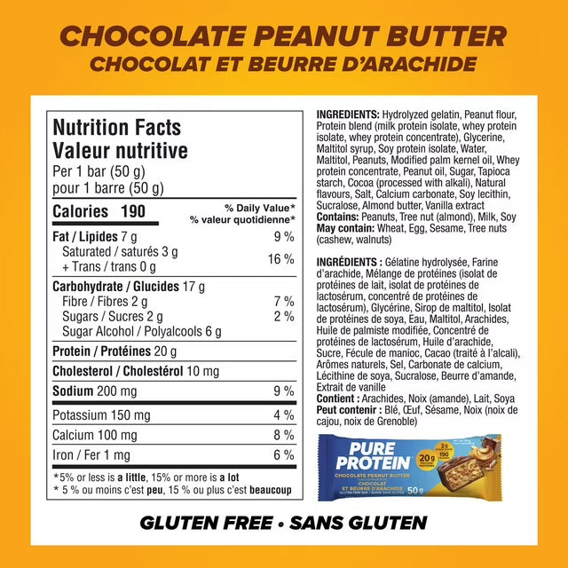 Pure Protein Chocolate Peanut Butter Bars - 20 g Protein, Low Sugar, Gluten Free Snack with Whey Blend, Made in Canada, 6 x 50 g