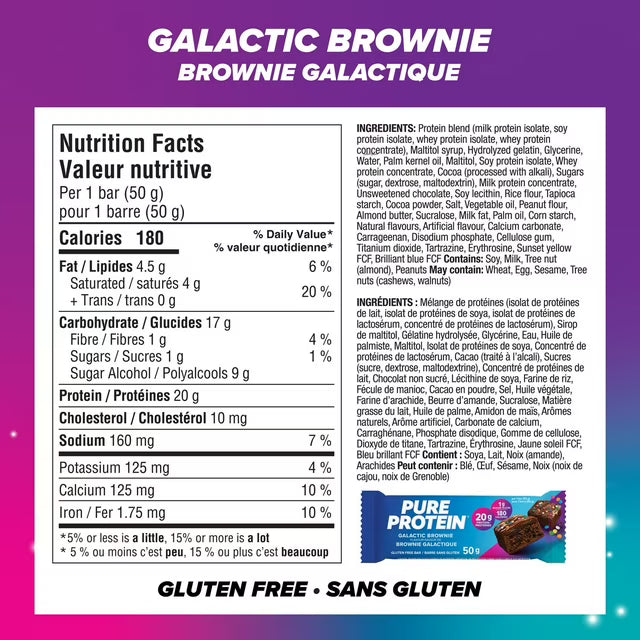 Pure Protein Galactic Brownie Bars - 20 g Protein, Low Sugar, Gluten Free Snack with Whey Blend, Made in Canada, 6 x 50 g