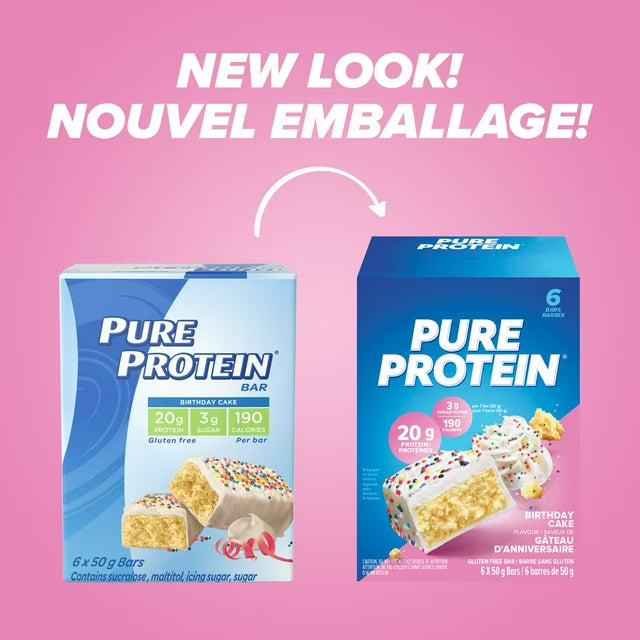 Pure Protein Birthday Cake Bars - 20 g Protein, Low Sugar, Gluten Free snack with Whey Blend, made in Canada, 6 Pack
