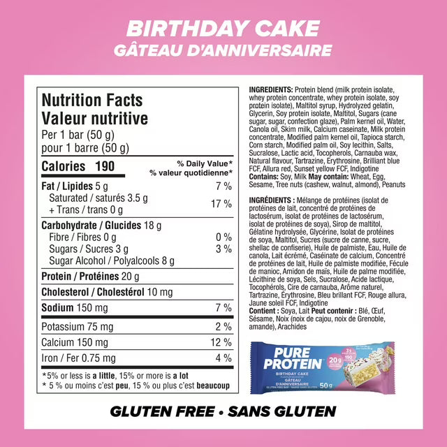 Pure Protein Birthday Cake Bars - 20 g Protein, Low Sugar, Gluten Free snack with Whey Blend, made in Canada, 6 Pack