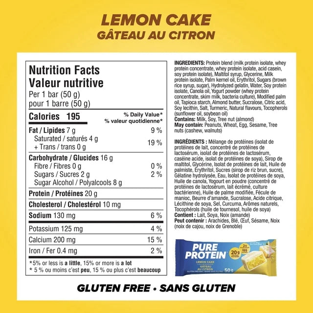 Pure Protein Lemon Cake Bars - 20 g Protein, Low Sugar, Gluten free Snack with Whey Blend, Made in Canada, 6 x 50 g