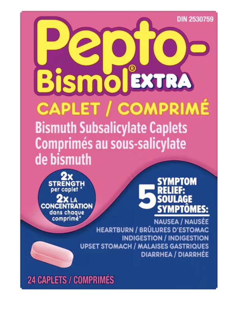 Pepto Bismol
Extra Strength Caplets for Nausea, Heartburn, Indigestion, Upset Stomach, and Diarrhea Relief, Original Flavor