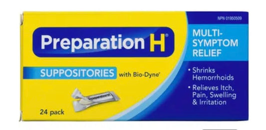 Preparation H
Multi-Symptom Hemorrhoid Treatment Suppositories With Bio-Dyne, 24-Count