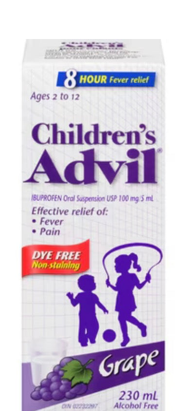 Advil
Children's Fever and Pain Relief Ibuprofen Oral Suspension, Dye Free, Grape, 230 mL