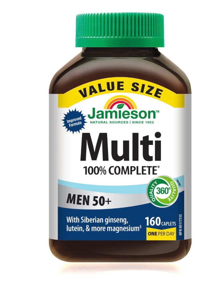 Jamieson 100% Complete Men 50+ Multivitamin Caplets with Ginseng and Lutein, 160 Count