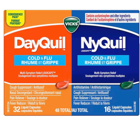 Vicks
DayQuil Cold & Flu Multi-Symptom Relief Liquid Capsules + NyQuil Cold & Flu Multi-Symptom Relief Liquid Capsules, Total 48 Count