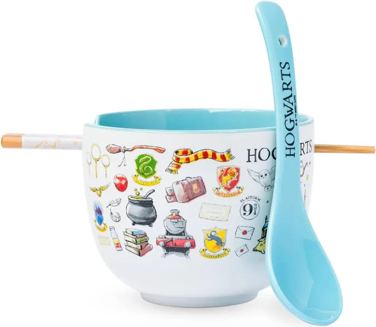 Silver Buffalo Harry Potter Hogwarts Iconic Icons Ceramic Ramen Noodle Rice Bowl with Chopsticks and Spoon, Microwave Safe, 20 Ounces
