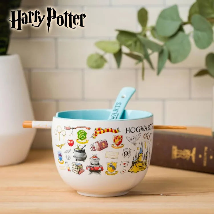 Silver Buffalo Harry Potter Hogwarts Iconic Icons Ceramic Ramen Noodle Rice Bowl with Chopsticks and Spoon, Microwave Safe, 20 Ounces