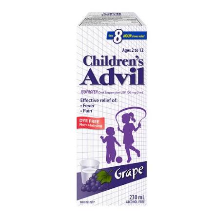 Advil
Children's Fever and Pain Relief Ibuprofen Oral Suspension, Dye Free, Grape, 230 mL