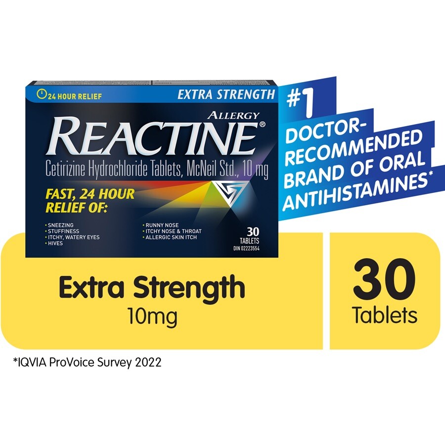 Reactine Extra Strength Antihistamine-10mg Cetirizine Hydrochloride-24 hour- 30tabs